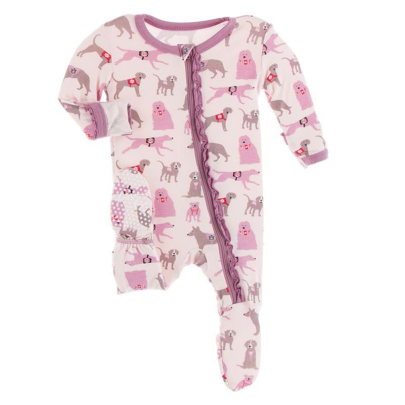 KicKee Pants, Baby Girl Apparel - Pajamas,  Kickee Pants - Print Muffin Ruffle Footie with Zipper - Macaroon Canine First Responders