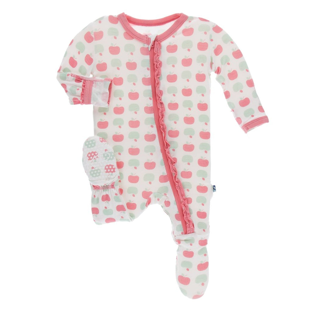 KicKee Pants, Baby Girl Apparel - Pajamas,  Kickee Pants - Print Muffin Ruffle Footie with Zipper - Natural Apples