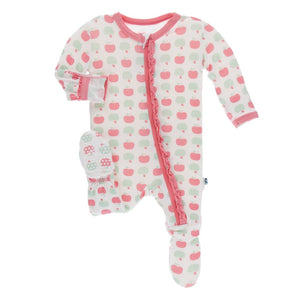 KicKee Pants, Baby Girl Apparel - Pajamas,  Kickee Pants - Print Muffin Ruffle Footie with Zipper - Natural Apples