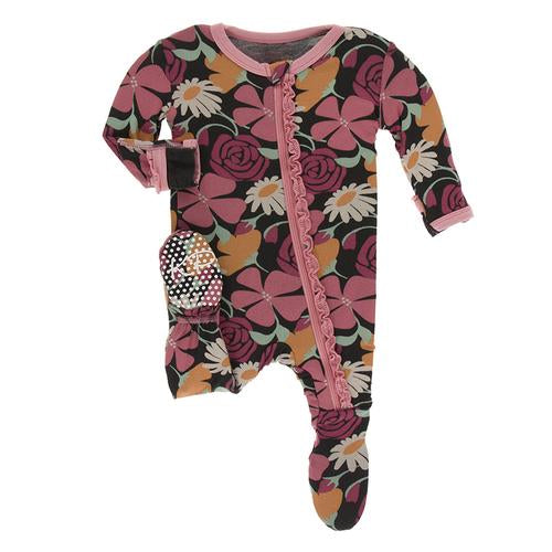 KicKee Pants, Baby Girl Apparel - Pajamas,  Kickee Pants - Print Muffin Ruffle Footie with Zipper - Zebra Market Flowers