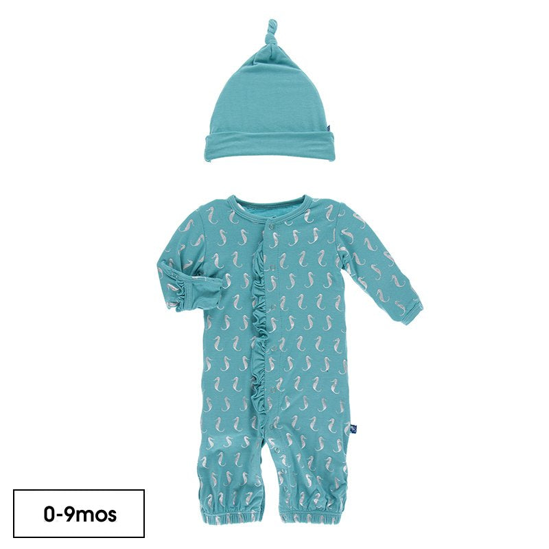 Kickee Pants - Print Ruffle Layette Gown & Single Knot Hat Set in Neptune Mini Seahorses - Eden Lifestyle