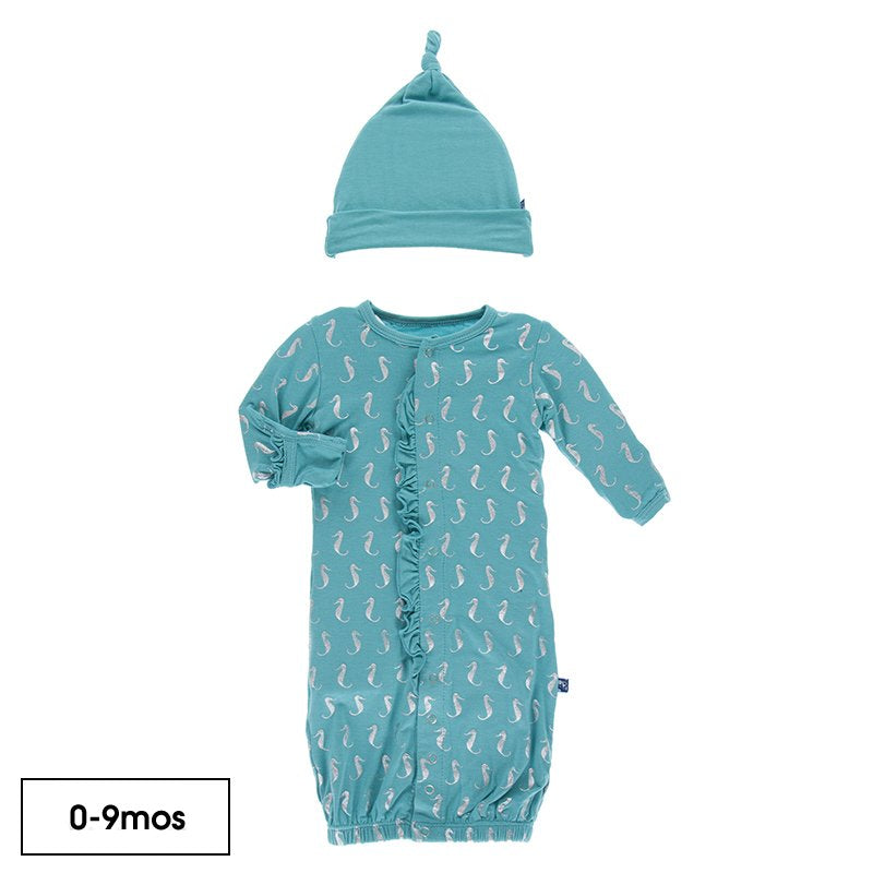 Kickee Pants - Print Ruffle Layette Gown & Single Knot Hat Set in Neptune Mini Seahorses - Eden Lifestyle