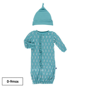 Kickee Pants - Print Ruffle Layette Gown & Single Knot Hat Set in Neptune Mini Seahorses - Eden Lifestyle