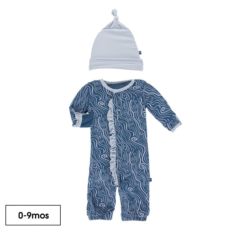 Kickee Pants - Print Ruffle Layette Gown & Single Knot Hat Set in Twilight Whirling River - Eden Lifestyle