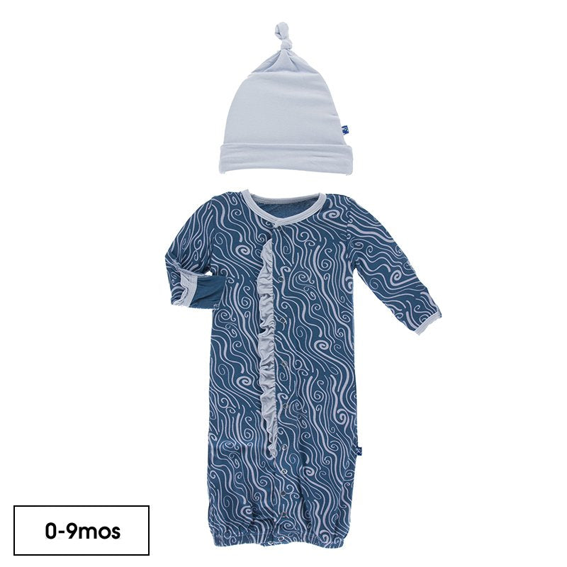 Kickee Pants - Print Ruffle Layette Gown & Single Knot Hat Set in Twilight Whirling River - Eden Lifestyle