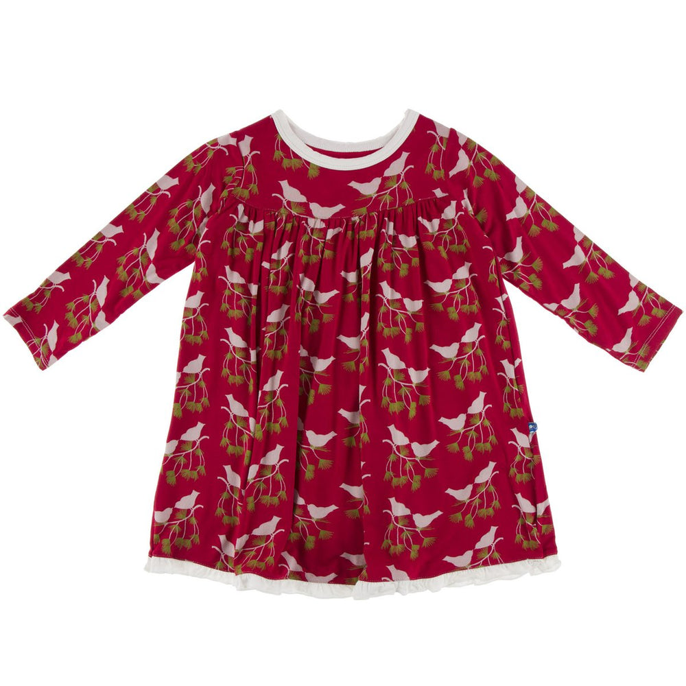 KicKee Pants, Girl - Pajamas,  Kickee Pants - Print Classic Long Sleeve Swing Dress - Crimson Kissing Birds