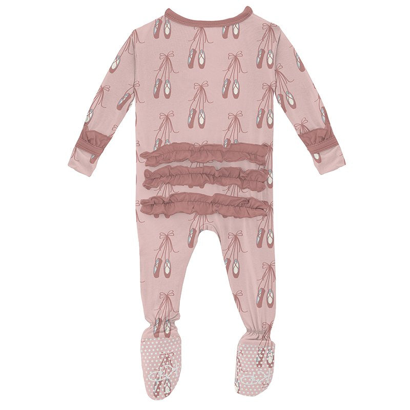 Kickee Pants Print Classic Ruffle Footie with Snaps in Baby Rose Ballet - Eden Lifestyle