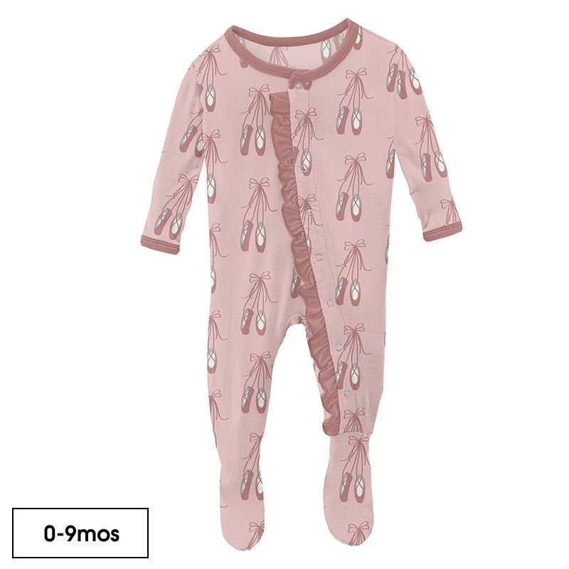 Kickee Pants Print Classic Ruffle Footie with Snaps in Baby Rose Ballet - Eden Lifestyle