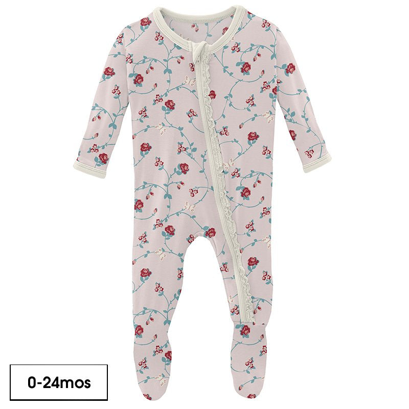 Kickee Pants Print Muffin Ruffle Footie with Zipper in Macaroon Floral Vines - Eden Lifestyle