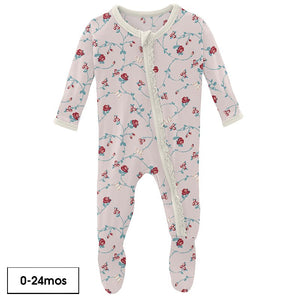 Kickee Pants Print Muffin Ruffle Footie with Zipper in Macaroon Floral Vines - Eden Lifestyle
