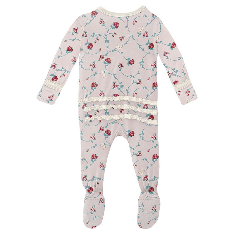 Kickee Pants Print Muffin Ruffle Footie with Zipper in Macaroon Floral Vines - Eden Lifestyle