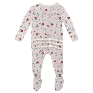 Kickee Pants Print Muffin Ruffle Footie with Zipper in Macaroon Floral Vines - Eden Lifestyle