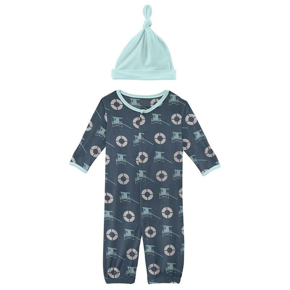 Kickee Pants Print Layette Gown Converter & Single Knot Hat Set in Deep Sea Lifeguard - Eden Lifestyle