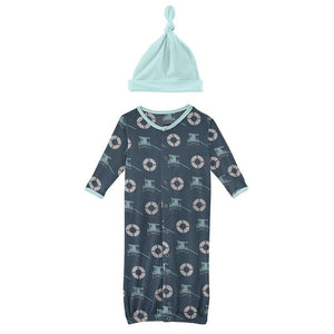 Kickee Pants Print Layette Gown Converter & Single Knot Hat Set in Deep Sea Lifeguard - Eden Lifestyle