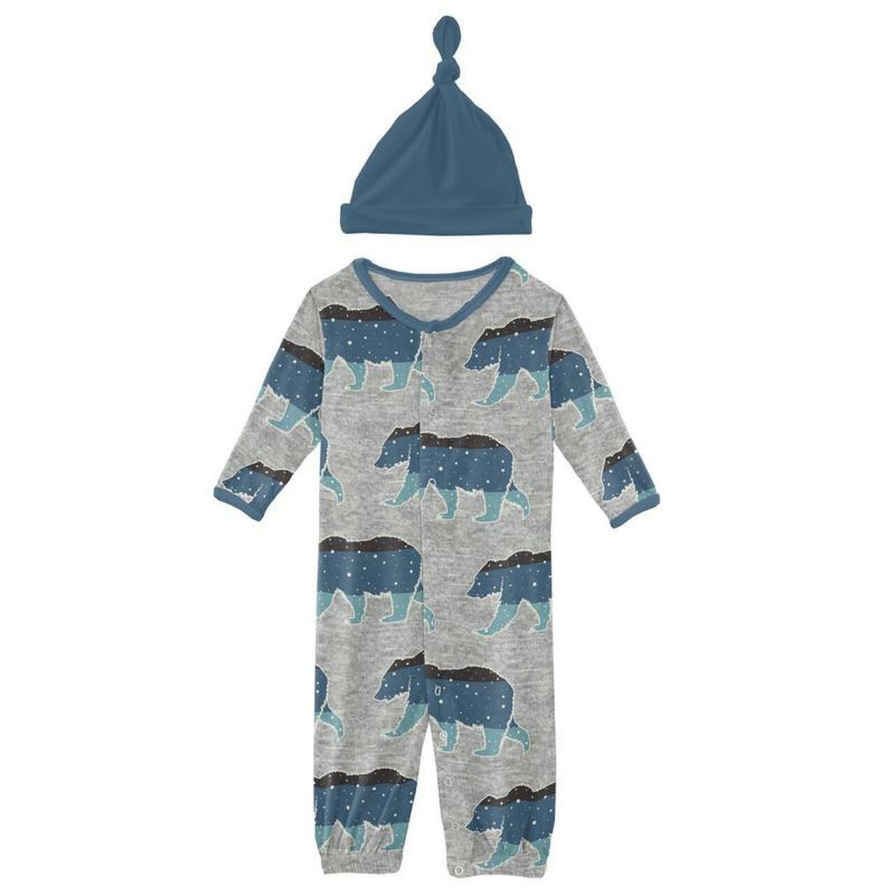 Kickee Pants Print Layette Gown Converter & Single Knot Hat Set in Heathered Mist Night Sky Bear - Eden Lifestyle