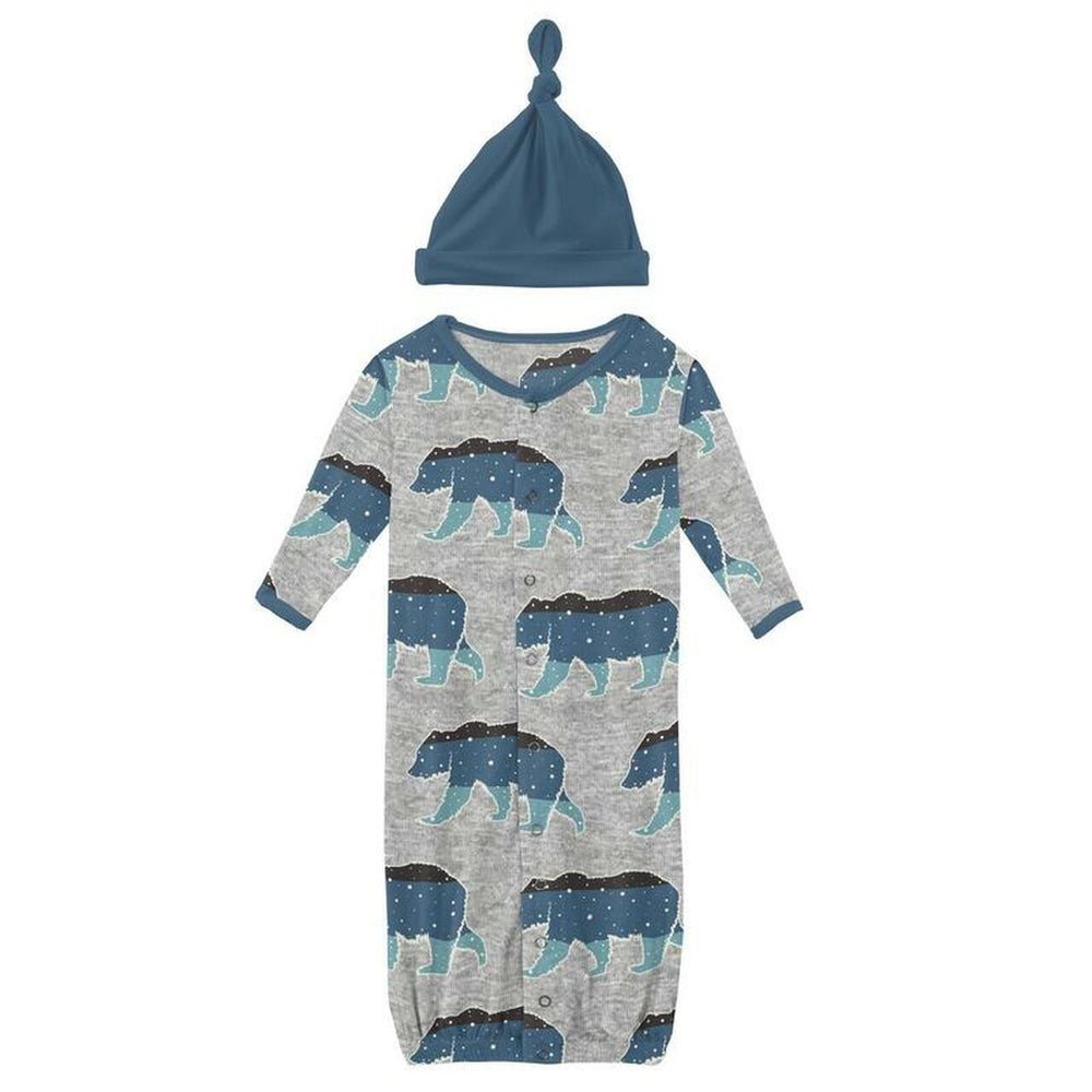 Kickee Pants Print Layette Gown Converter & Single Knot Hat Set in Heathered Mist Night Sky Bear - Eden Lifestyle