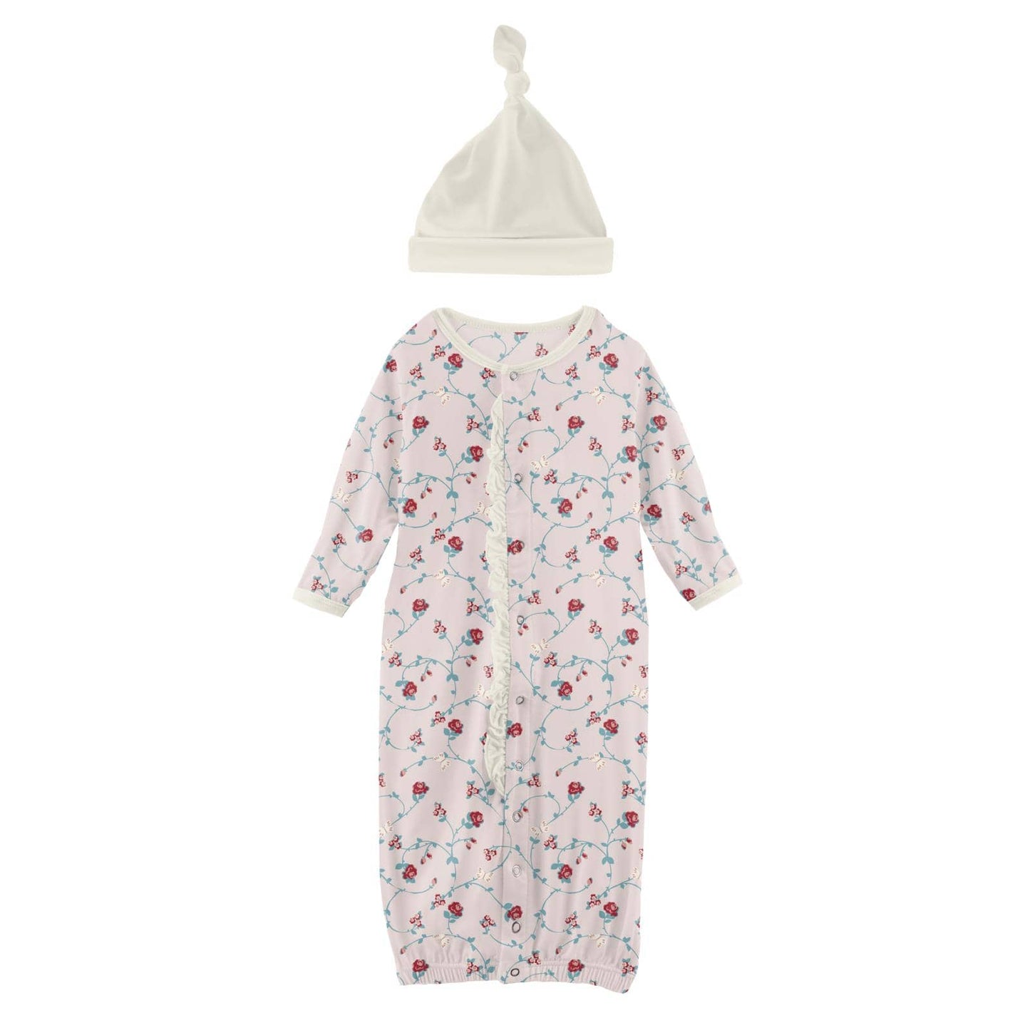 Kickee Pants Print Layette Gown Converter & Single Knot Hat Set in Macaroon Floral Vines - Eden Lifestyle