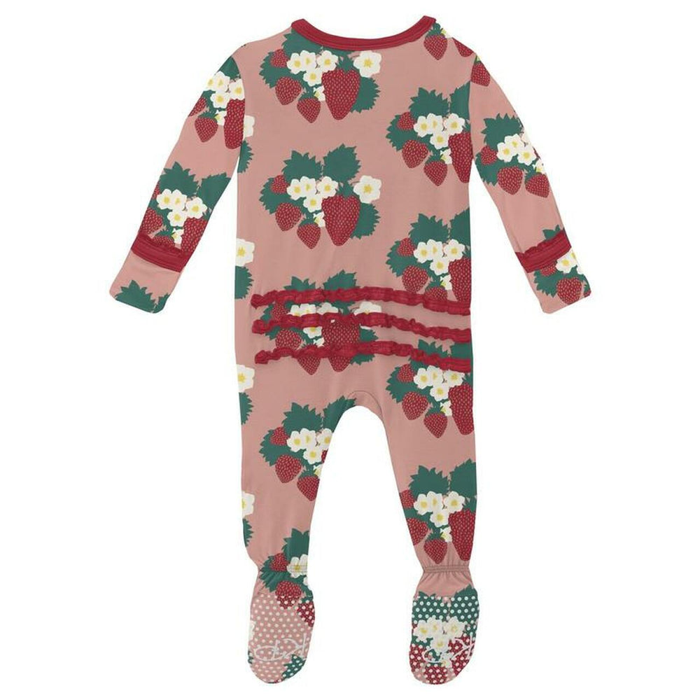 Kickee Pants Print Muffin Ruffle Footie with Zipper in Blush Strawberry Farm - Eden Lifestyle