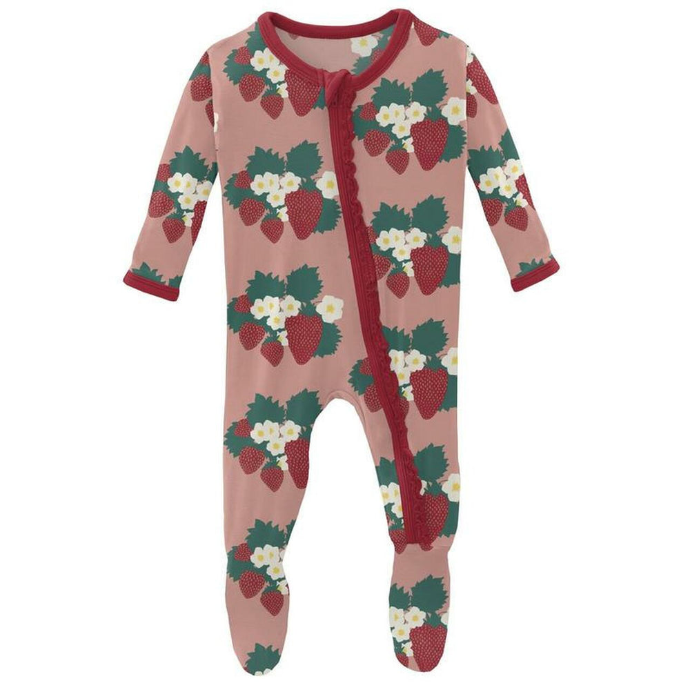 Kickee Pants Print Muffin Ruffle Footie with Zipper in Blush Strawberry Farm - Eden Lifestyle