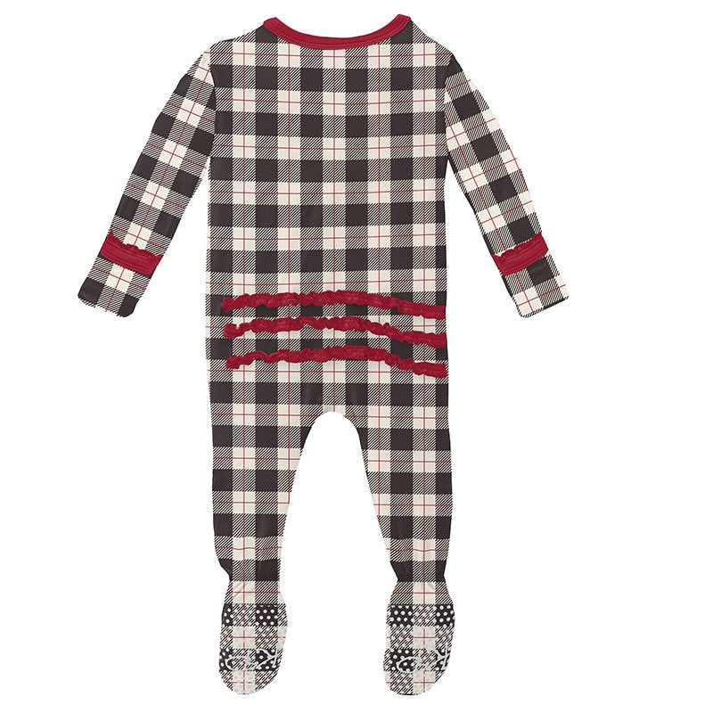 Kickee Pants Print Muffin Ruffle Footie with Zipper in Midnight Holiday Plaid - Eden Lifestyle