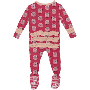 Kickee Pants Print Muffin Ruffle Footie with Zipper in Taffy Wise Owls - Eden Lifestyle