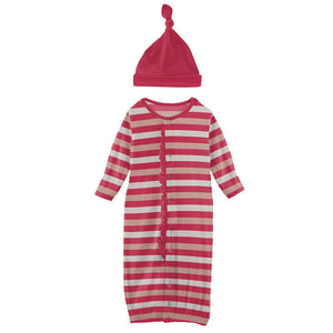 Kickee Pants Print Muffin Ruffle Layette Gown Converter & Single Knot Hat Set in Hopscotch Stripe - Eden Lifestyle