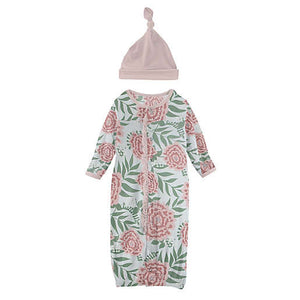 Kickee Pants Print Ruffle Layette Convertible Gown & Hat Set in Fresh Air Florist - Eden Lifestyle