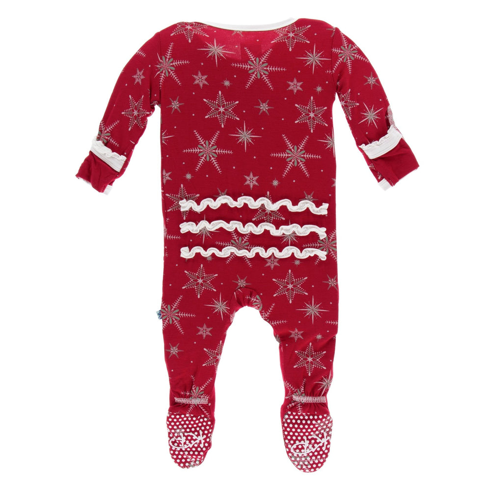 KicKee Pants, Baby Girl Apparel - Pajamas,  Kickee Pants - Holiday Print Muffin Ruffle Footie with Zipper - Crimson Snowflakes