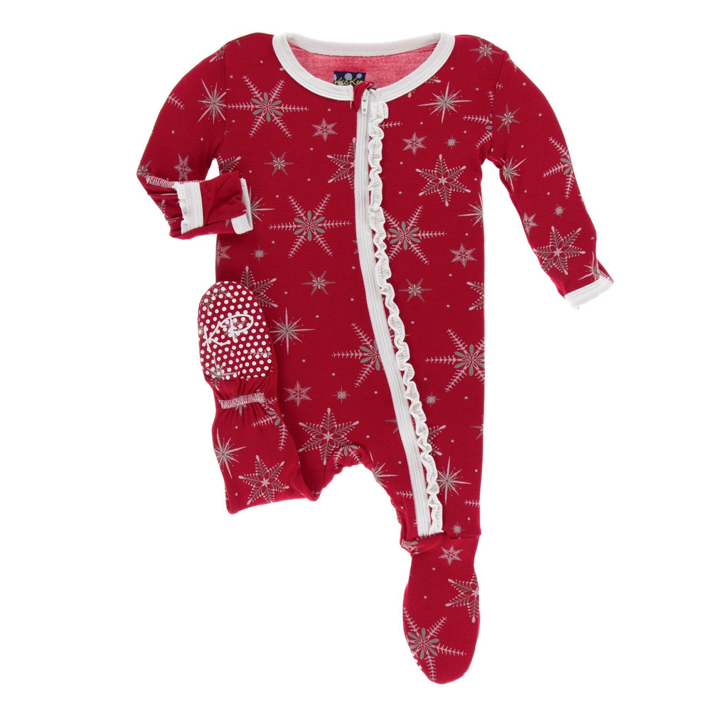 KicKee Pants, Baby Girl Apparel - Pajamas,  Kickee Pants - Holiday Print Muffin Ruffle Footie with Zipper - Crimson Snowflakes