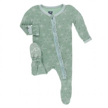 KicKee Pants, Baby Girl Apparel - Pajamas,  Kickee Pants - Holiday Print Muffin Ruffle Footie with Zipper - Shore Snowflakes