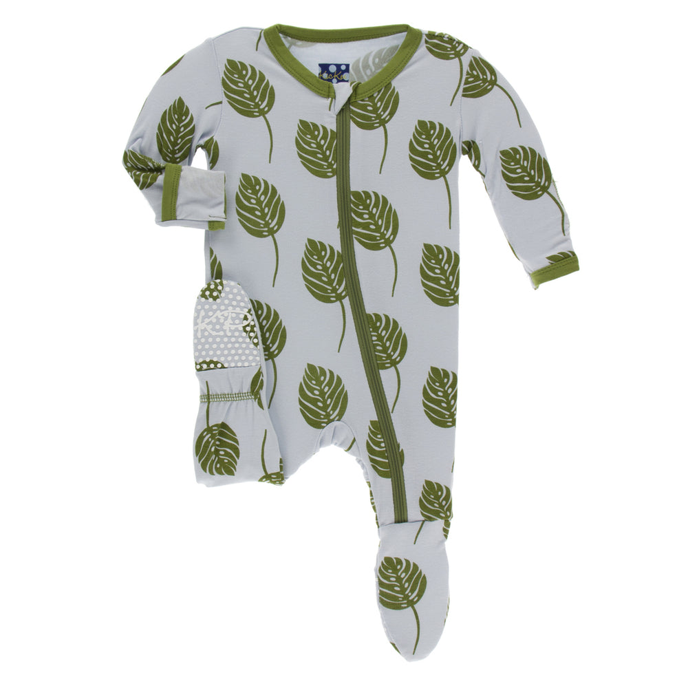 KicKee Pants, Baby Boy Apparel - Pajamas,  Kickee Pants - Print Footie with Zipper - Dew Philodendron