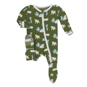 KicKee Pants, Baby Boy Apparel - Pajamas,  Kickee Pants - Print Footie with Zipper - Moss Puppies and Presents