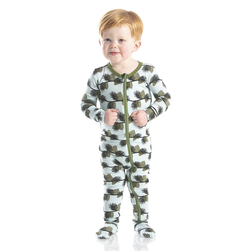 KicKee Pants, Baby Boy Apparel - Pajamas,  Kickee Pants - Print Footie with Zipper - Spring Sky Pine Cones