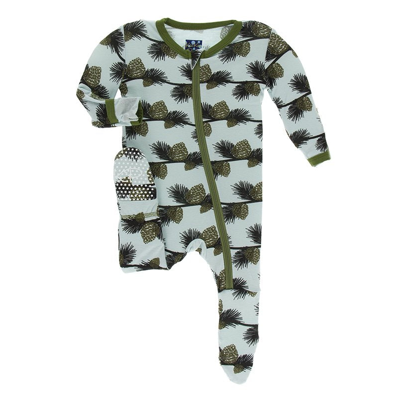 KicKee Pants, Baby Boy Apparel - Pajamas,  Kickee Pants - Print Footie with Zipper - Spring Sky Pine Cones