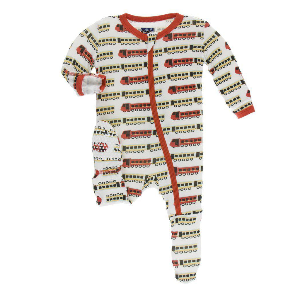 KicKee Pants, Baby Boy Apparel - Pajamas,  Kickee Pants - Print Footie with Zipper - Natural Indian Train