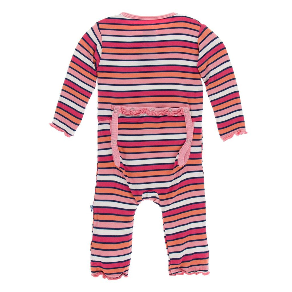KicKee Pants, Baby Girl Apparel - One-Pieces,  Kickee Pants - Print Muffin Ruffle Coverall with Zipper - Botany Red Ginger Stripe