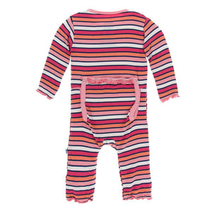 KicKee Pants, Baby Girl Apparel - One-Pieces,  Kickee Pants - Print Muffin Ruffle Coverall with Zipper - Botany Red Ginger Stripe