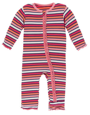 KicKee Pants, Baby Girl Apparel - One-Pieces,  Kickee Pants - Print Muffin Ruffle Coverall with Zipper - Botany Red Ginger Stripe