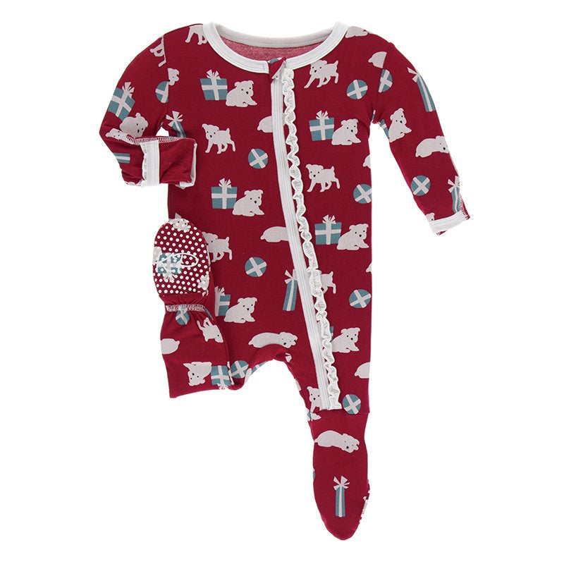 KicKee Pants, Baby Girl Apparel - Pajamas,  Kickee Pants - Print Muffin Ruffle Footie with Zipper - Crimson Puppies and Presents