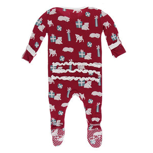 KicKee Pants, Baby Girl Apparel - Pajamas,  Kickee Pants - Print Muffin Ruffle Footie with Zipper - Crimson Puppies and Presents