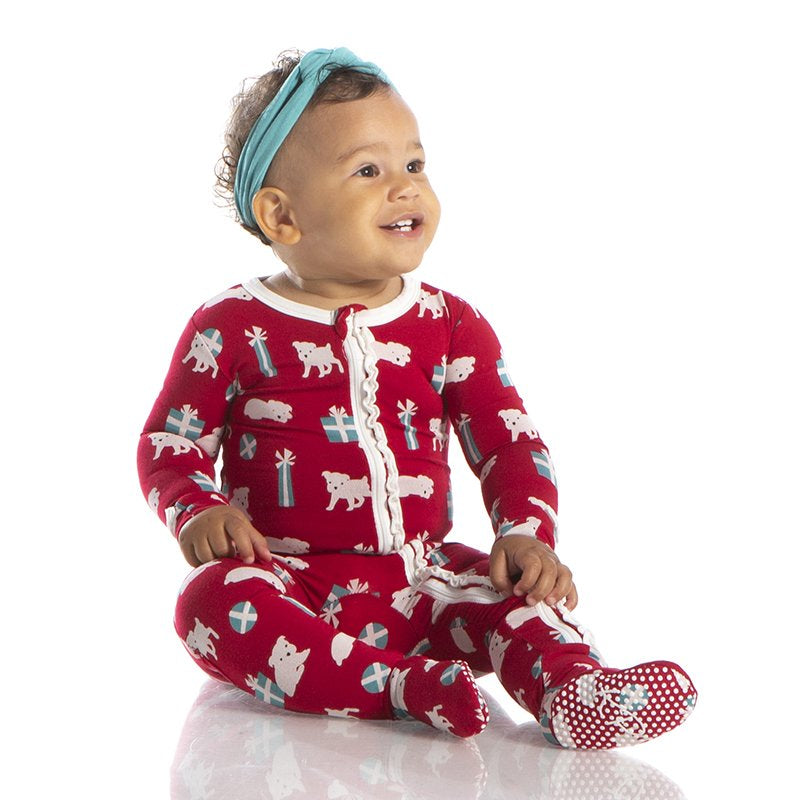 KicKee Pants, Baby Girl Apparel - Pajamas,  Kickee Pants - Print Muffin Ruffle Footie with Zipper - Crimson Puppies and Presents