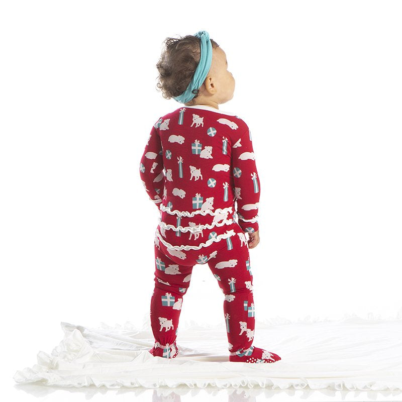 KicKee Pants, Baby Girl Apparel - Pajamas,  Kickee Pants - Print Muffin Ruffle Footie with Zipper - Crimson Puppies and Presents
