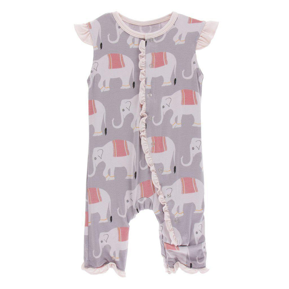 KicKee Pants, Baby Girl Apparel - Rompers,  Kickee Pants - Print Ruffle Tank Romper - Feather India Elephant