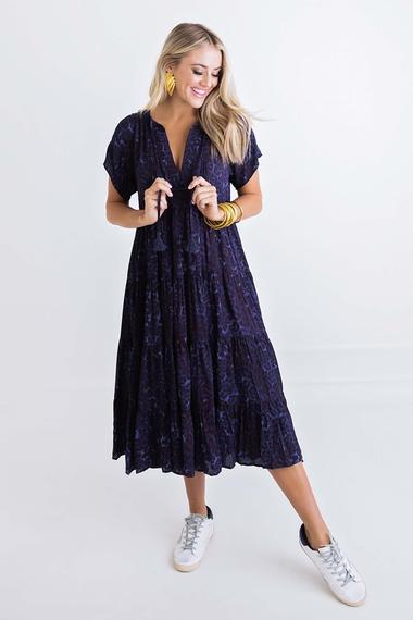 Blue Leopard Midi Tier Dress - Eden Lifestyle