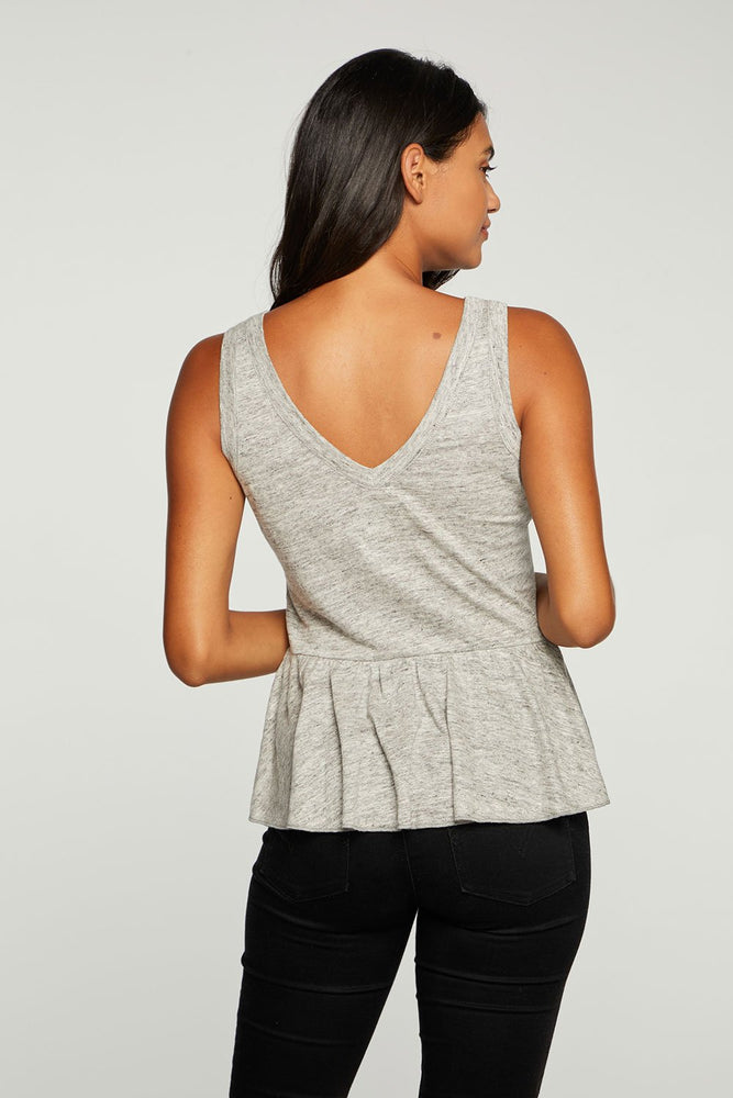 Linen Jersey Ruffle Peplum Double V Tank - Heather Grey - Eden Lifestyle