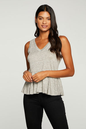 Linen Jersey Ruffle Peplum Double V Tank - Heather Grey - Eden Lifestyle