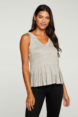 Linen Jersey Ruffle Peplum Double V Tank - Heather Grey - Eden Lifestyle