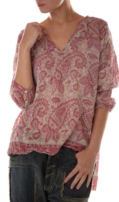 Magnolia Pearl, Magnolia Pearl,  Magnolia Pearl Cotton Silk Hand Block Print Bondi Blouse with Raw Neck, Pleats and Button Opening at Sleeves Top 621 - Antje One Size