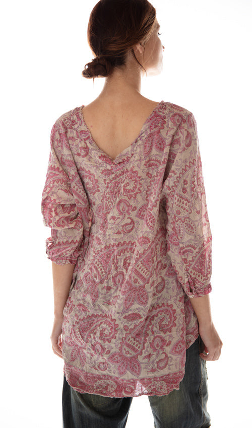 Magnolia Pearl, Magnolia Pearl,  Magnolia Pearl Cotton Silk Hand Block Print Bondi Blouse with Raw Neck, Pleats and Button Opening at Sleeves Top 621 - Antje One Size