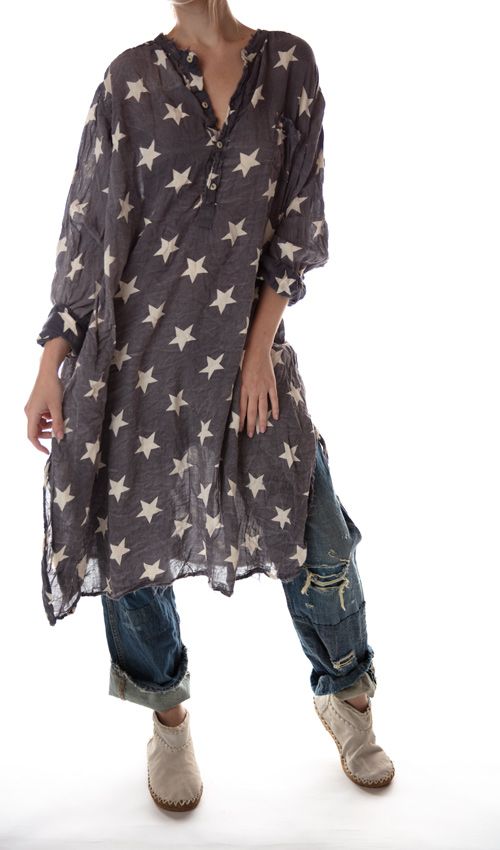 Magnolia Pearl, Magnolia Pearl,  Magnolia Pearl Cotton Twill Idgy Mens Shirt Dress with Pocket at Front and Distressing